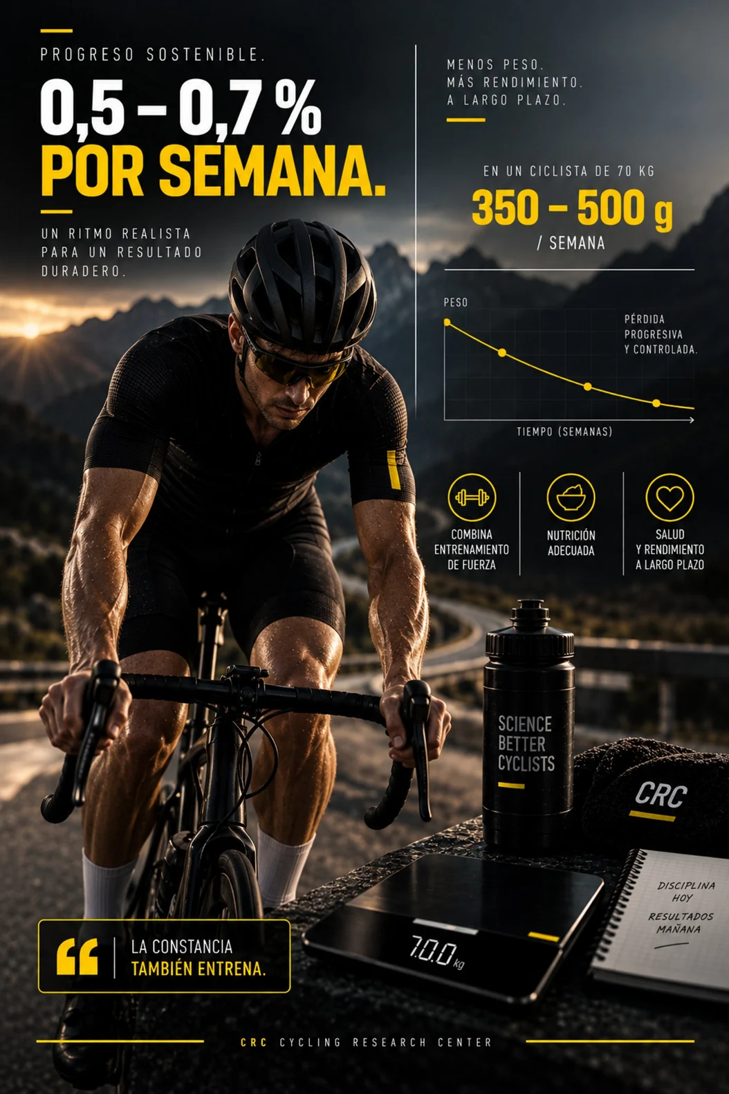 Ritmo de pérdida de peso recomendado: 0,5-0,7% por semana, 350-500 g en un ciclista de 70 kg